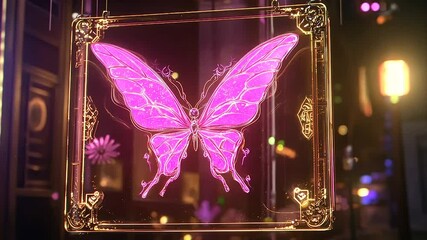 Glowing pink butterfly artwork in ornate glass frame - Powered by Adobe