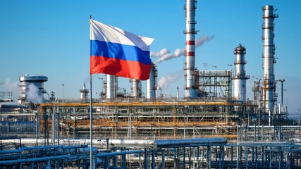 Industrial gas facility with the Russian flag on a pole. - Powered by Adobe