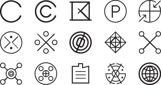 Minimalist icons, black and white line drawings, geometric shapes, abstract symbols, simple designs, circular motifs, crossed lines, arrows, letter C, letter P, globe icon, clipboard icon, mathematica