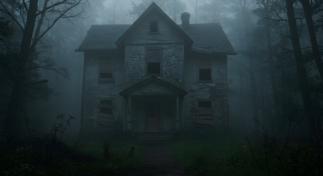 Old House in the Woods with Heavy Fog and Overgrown Path
