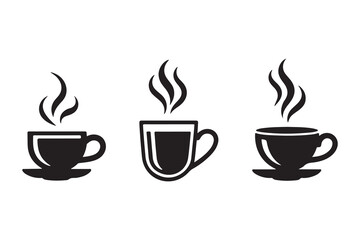 Simple Black and White Coffee Cup Icons with Steam