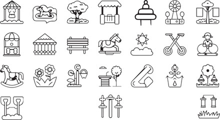 Park icons, line art, playground equipment, carousel, merry-go-round, tree, food stand, bench, swing set, sun and cloud, bicycle, rocking horse, flowers, lamppost, garden, exercise equipment, minimali