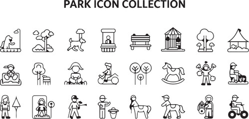 Park icons, minimalist design, line art, black and white, outdoor activities, recreation symbols, dog walking, trees, benches, playground equipment, carousel, picnic area, exercise, nature elements