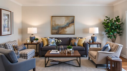 The arrangement of furniture and accessories creates a focal point around the sofa, encouraging interaction and conversation within the living space.