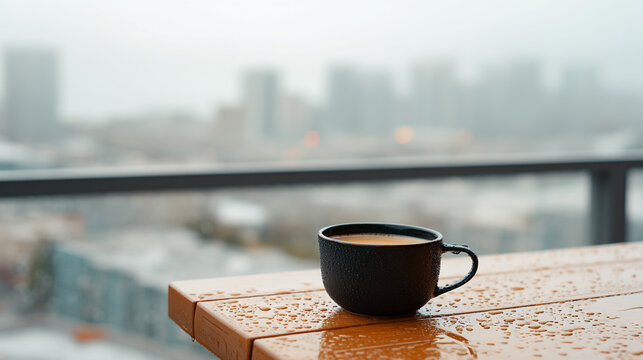 A cup of coffee on a wet table with a city skyline in the background on a rainy and overcast day