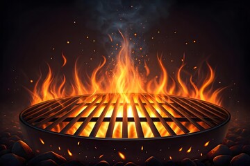 Hot Flaming Grill with Fire and Smoke for BBQ and Cooking Background