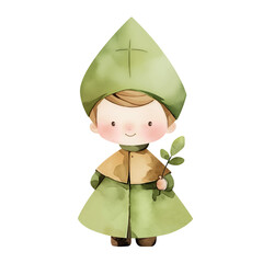 Happy little catholic bishop in miter. Cute watercolor illustration of kawaii boy in green priest's suit and spring branch. Isolated clipart with clear even edge on transparent background
