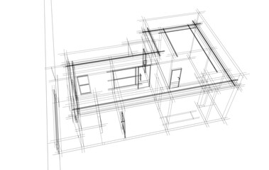 Architectural sketch of a building 3d illustration