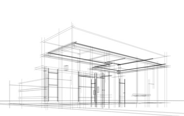 Architectural sketch of a building 3d illustration