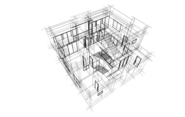 Architectural sketch of a building 3d illustration