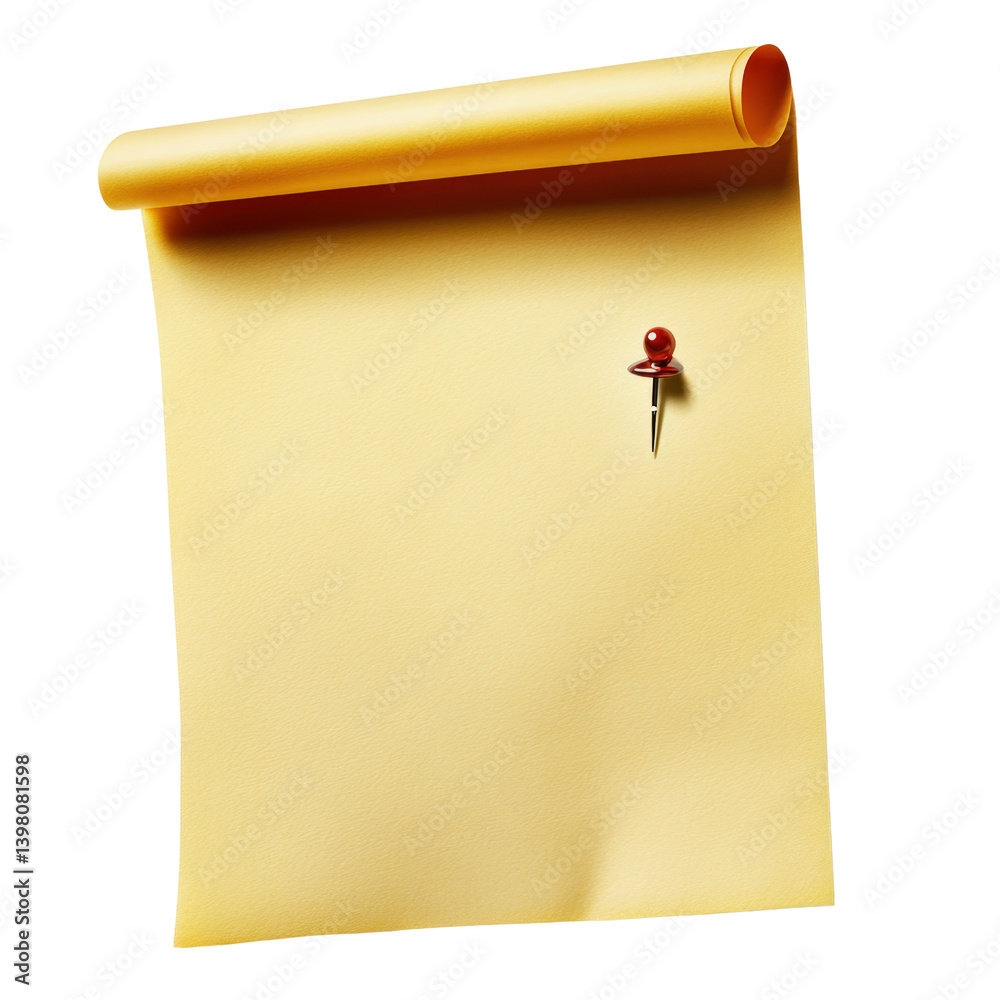 Poster piece of paper with a red pin affixed to it on a bright background for displaying important notes or