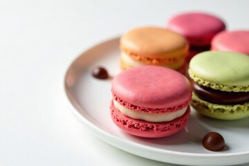 Fototapeta premium Assorted pastries, macarons, chocolate on white , fine food, table, confectionery