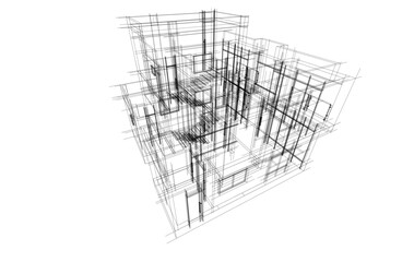 Architectural sketch of a building 3d illustration