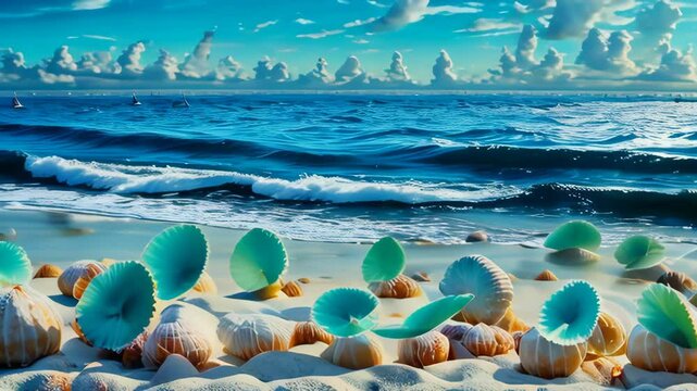 A beach scene with a large body of water and a few shells scattered on the sand