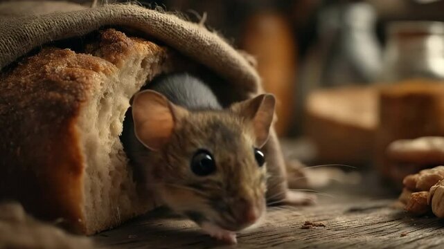 A wild mouse in a rural kitchen hiding within a loaf of bread