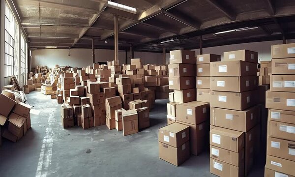 Large warehouse interior filled with stacked cardboard boxes, captured in natural light with industrial structure and high storage density.