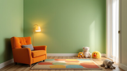 The interior of the child's room presents a serene green wall that evokes a sense of tranquility. Beneath an orange armchair, a multi colored carpet introduces playful patterns