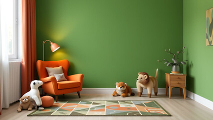 A verdant green wall establishes a calm and playful atmosphere in this child's room, complemented by a patterned and colored carpet