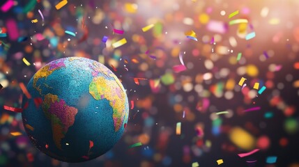 Celebrating Earth Globe with Falling Confetti for a Global Event