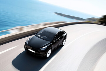 Fototapeta premium Electric SUV Driving Coastal Highway Scenic Route Modern Sustainable Transportation Technology Clean Energy Vehicle Smooth Journey Automotive Industry
