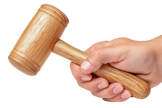 Gavel in Hand: Close-up shot of a wooden gavel grasped firmly by a hand, symbolizing authority, justice, and decision-making in a courtroom or auction.