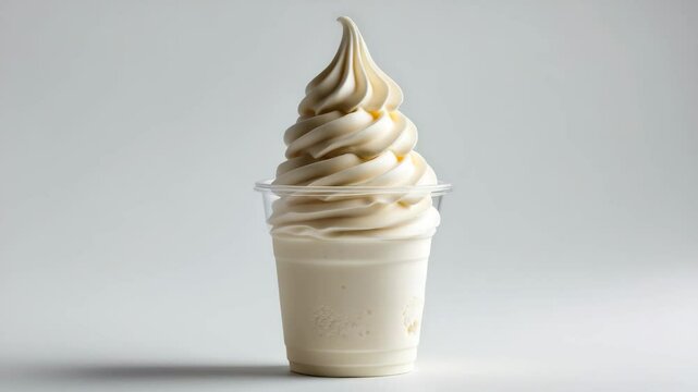 Tasty vanilla frozen yogurt served in a transparent plastic takeaway cup. Collection of mockup packaging templates displayed on a white background with a clipping path. Creamy soft-serve ice cream