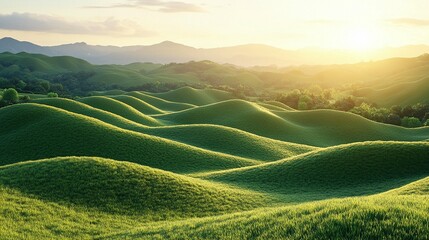 Lush green hills rolling gently under a golden sunset.