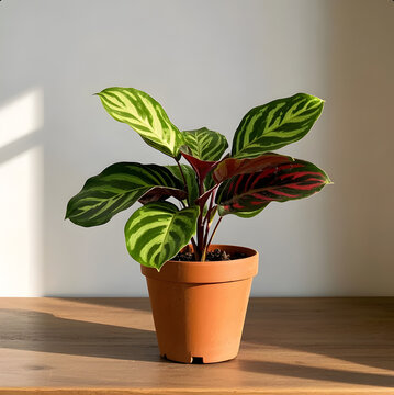 Fototapeta Digital artwork of a single potted Calathea with bold patterned leaves resting on a wooden shelf near a window. A lively and stylish indoor scene perfect for plant lovers and modern home decor themes