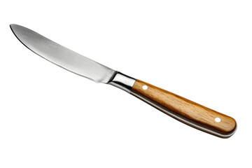 Fototapeta premium A sleek, elegant butter knife with a warm, inviting wooden handle, perfect for spreading creamy goodness on freshly baked bread, gleaming under studio lighting against a pure white background.