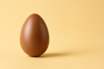A smooth milk chocolate Easter egg with a clean, glossy finish, placed against a soft pastel background. The egg features a horizontal cut, revealing a rich filling. Ideal for showcasing premium choco