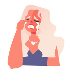 Young woman in tears. Sad depressed disappointed woman crying and wiping tears flowing like river with her hand. Character in despair, grief and sadness. Concept of sadness, disappointment.