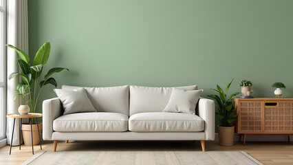 This thoughtfully designed living room features a sleek sofa with refined details and a comfortable design. The sage green wall provides a calming and stylish backdrop