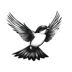 Obraz premium Black and white bird soaring, wings spread, isolated, graphic design element.