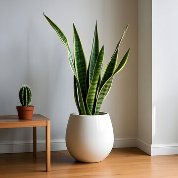 Fototapeta Digital artwork of a tall snake plant (Sansevieria) in a modern white ceramic pot. A clean and stylish indoor plant setup, ideal for minimalist interiors and contemporary home decor themes