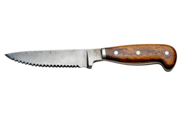 A well-worn, serrated bread knife with a rich, dark wood handle, showing years of use and a rustic charm against a clean white background.