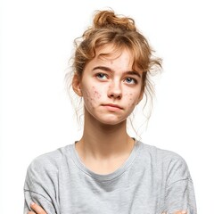 Studio portrait of a teenager with visible acne, highlighting natural skin texture and authenticity. Ideal for skincare, dermatology, adolescence, and real beauty-themed content.