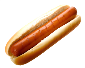 Hot dog with mustard on white bun is a fast food snack.