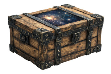 An antique wooden chest, its aged wood hinting at untold stories, reveals a captivating cosmic scene within, a universe held captive in its dark depths.