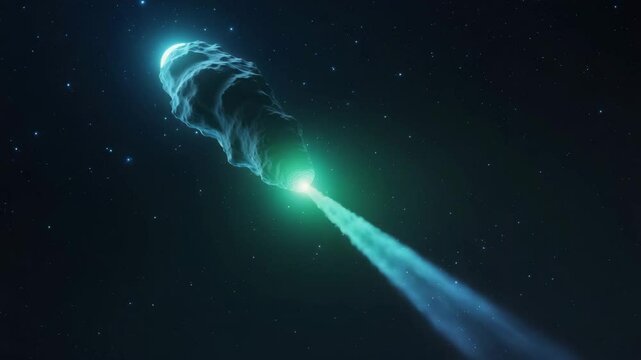 A radiant comet with substantial dust and gas trails. Plummeting meteorite, asteroid, comet in the celestial sky. Science fiction scenery. Elements of this video supplied by.