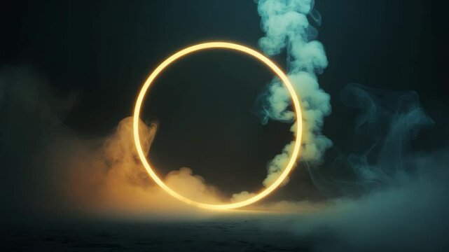 Contemporary science fiction. Advanced fog. Neon-hued geometric circle set against a shadowy background. Circular enchanted portal.