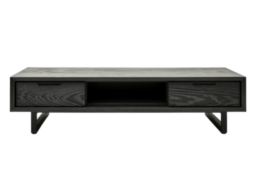 Sleek black oak media console with minimalist metal legs, offering modern storage and a touch of industrial chic to any living space.