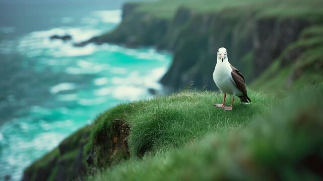 A Razorbill perched on a grassy cliff edge with a blurred sea backdrop