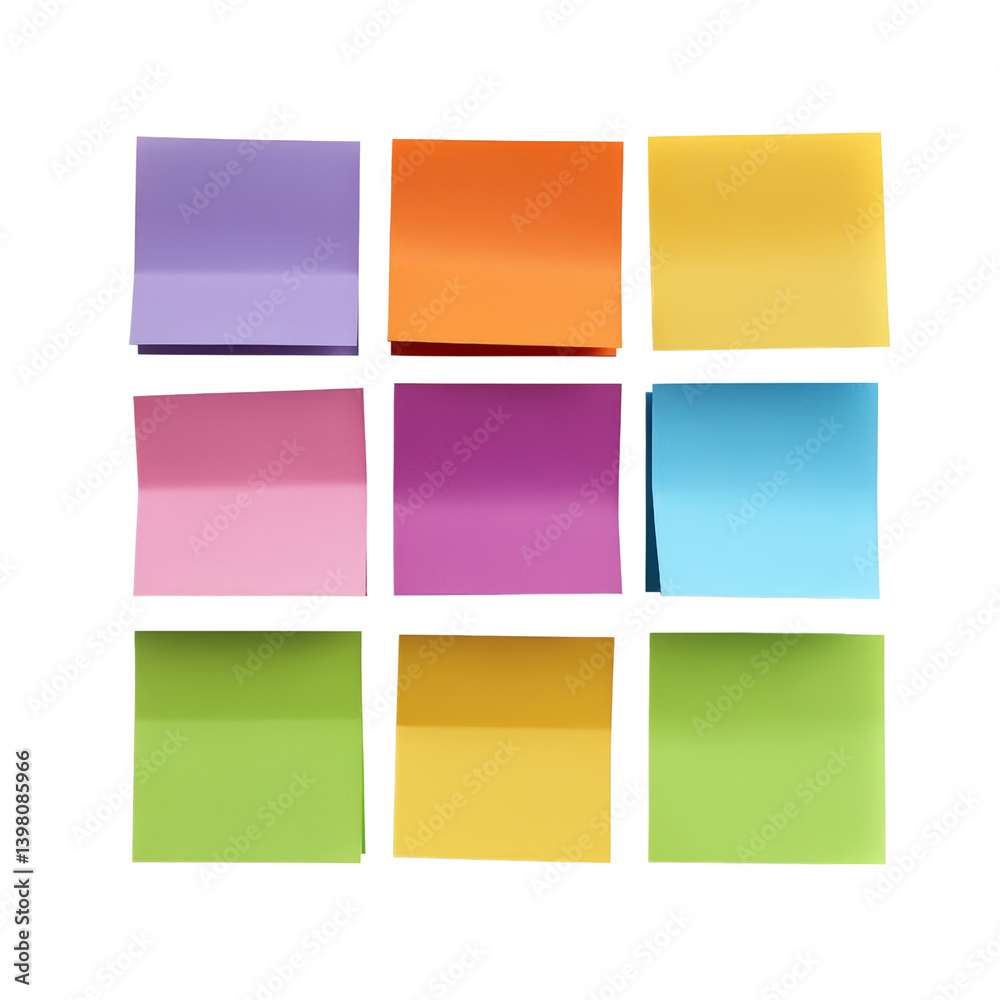 Poster a colorful collection of sticky notes in various shapes and sizes organized neatly on a clean surfac
