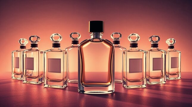 Multiple elegant perfume bottles arranged symmetrically on a reflective surface, glowing under warm studio lighting for beauty, luxury, and fragrance branding themes. No label