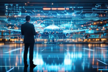 Businessman Using Digital Interface to Monitor Flight Data at Night