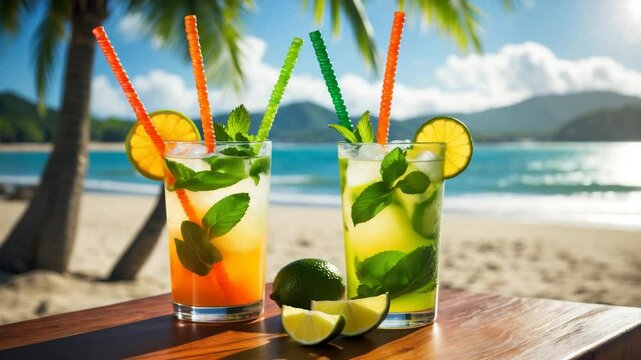 Mojito beverage set against a beach backdrop.