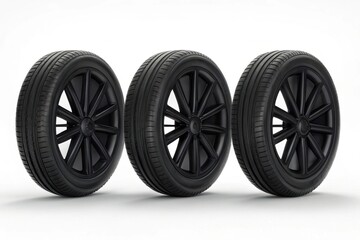 Three black tires displayed in a row, featuring a modern design and deep tread patterns.