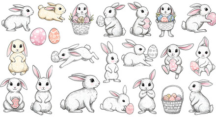 Playful Easter Bunnies Holding Colorful Eggs in Whimsical Designs for Spring Celebrations