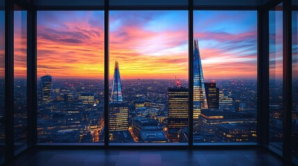 A panoramic view of a city skyline at sunset through windows