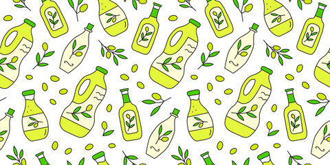 Seamless pattern with doodle olive oil in bottles and olive twigs on white background. Healthy nutrition concept. Vegetable fats.